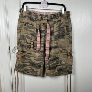 Miss Me Shorts Womens Large Green Camo Linen Cargo Utility Military Embroidered
